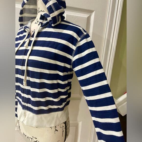 J.CREW HOODIE CROPPED 100% COTTON NAVY/IVORY SZ XS NAUTICAL SAILOR CORE - Picture 6 of 11